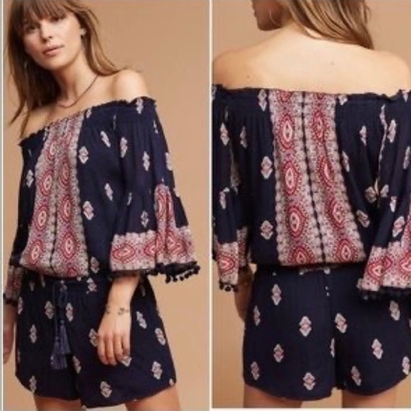 Anthropologie Lina Vada Boho Print Bell Sleeve Pom Pom Romper Black Red SZ M - Picture 2 of 9